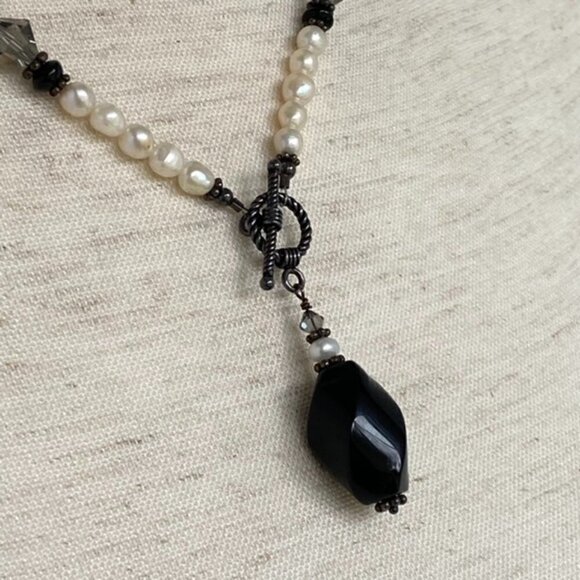 Pearl 18" Sterling Silver Front Rope Toggle Necklace Black Nephrite Jade Pendant - Picture 5 of 16
